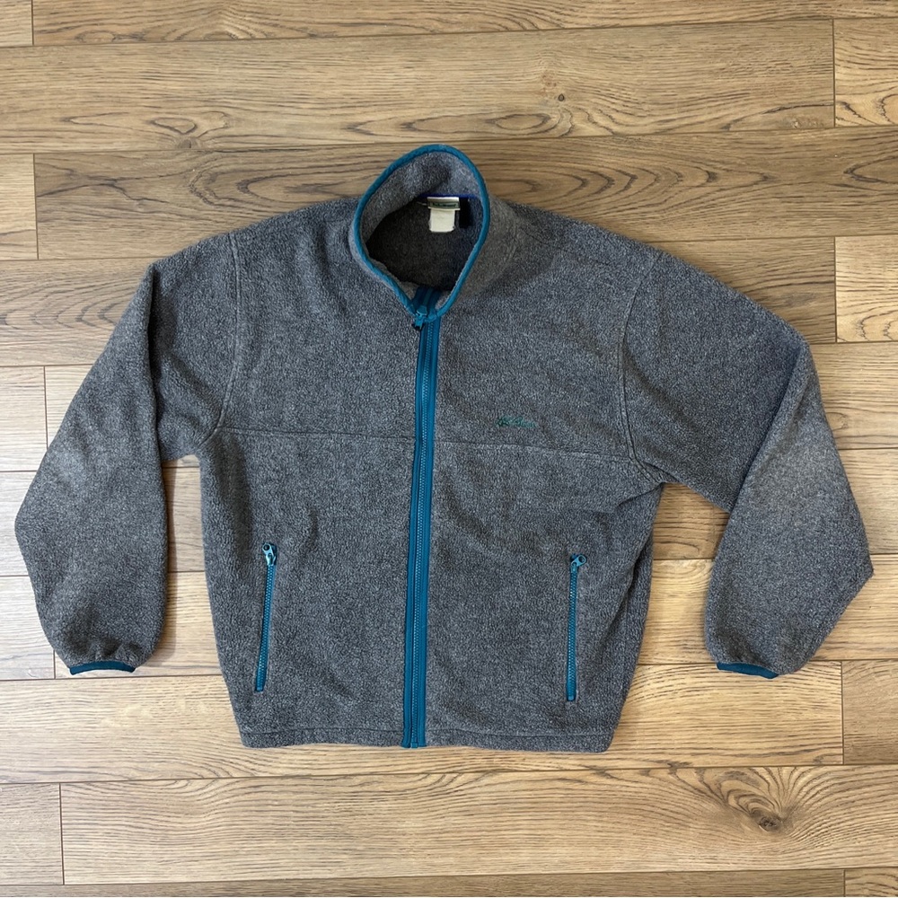 Vintage LL Bean Mens Jacket Gray Fleece Full Zip Size Large Blue Lined Collar